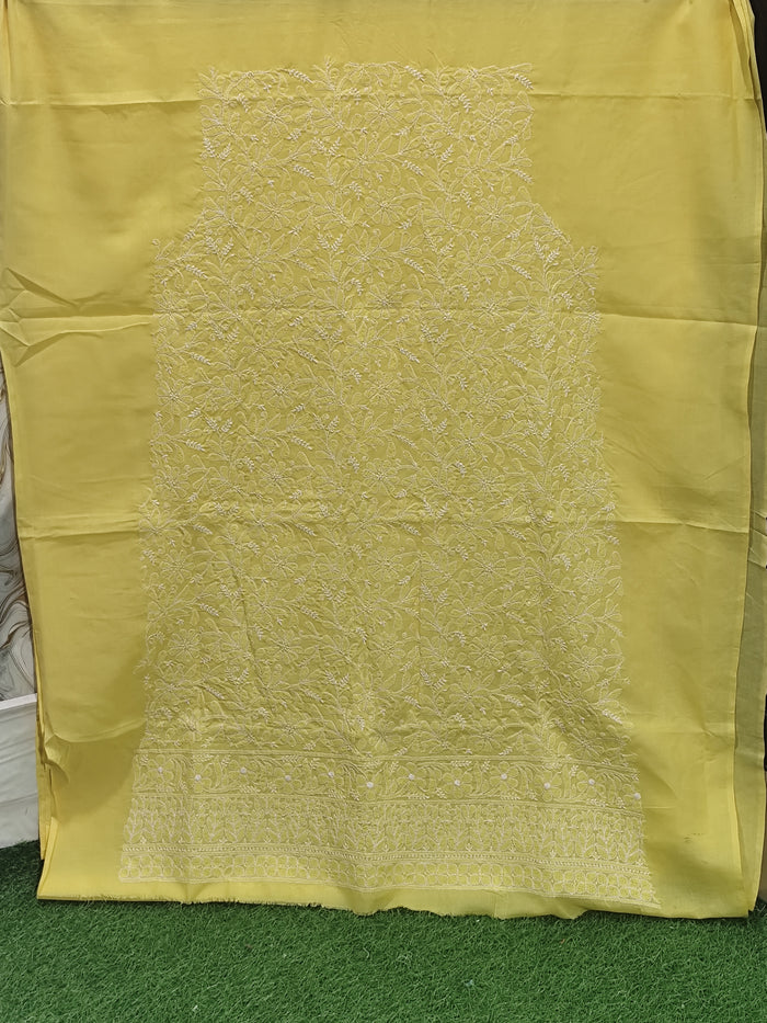 Lemon Yellow Cotton Chikankari Hand-Embroidered Cotton Lucknowi Chikankari Unstitched Suit Piece