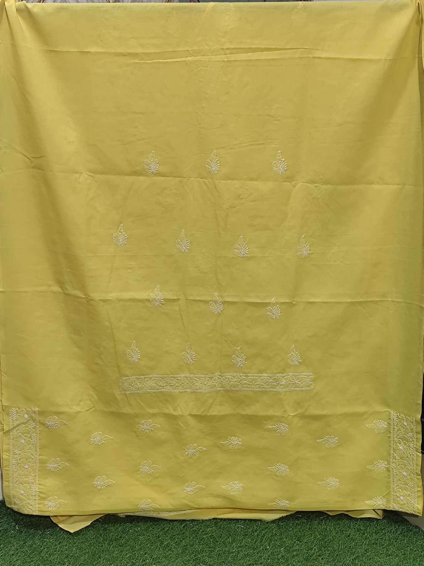 Lemon Yellow Cotton Chikankari Hand-Embroidered Cotton Lucknowi Chikankari Unstitched Suit Piece