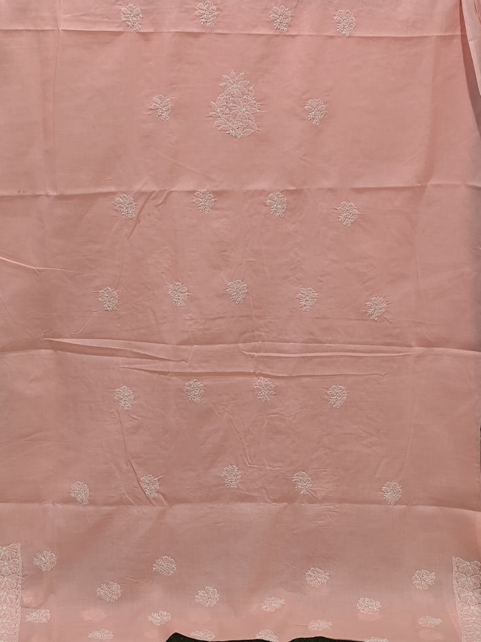 Hand-Embroidered Cotton Lucknowi Chikankari Unstitched Suit Piece Pastel Peach / Blush Pink Cotton Chikankari Unstitched Kurta Fabric