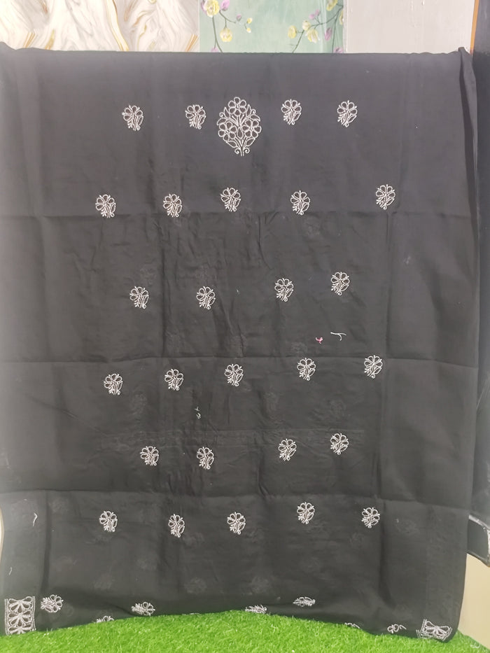 Jet Black Cotton Chikankari Unstitched Kurta Fabric Hand-Embroidered Cotton Lucknowi Chikankari Unstitched Suit Piece