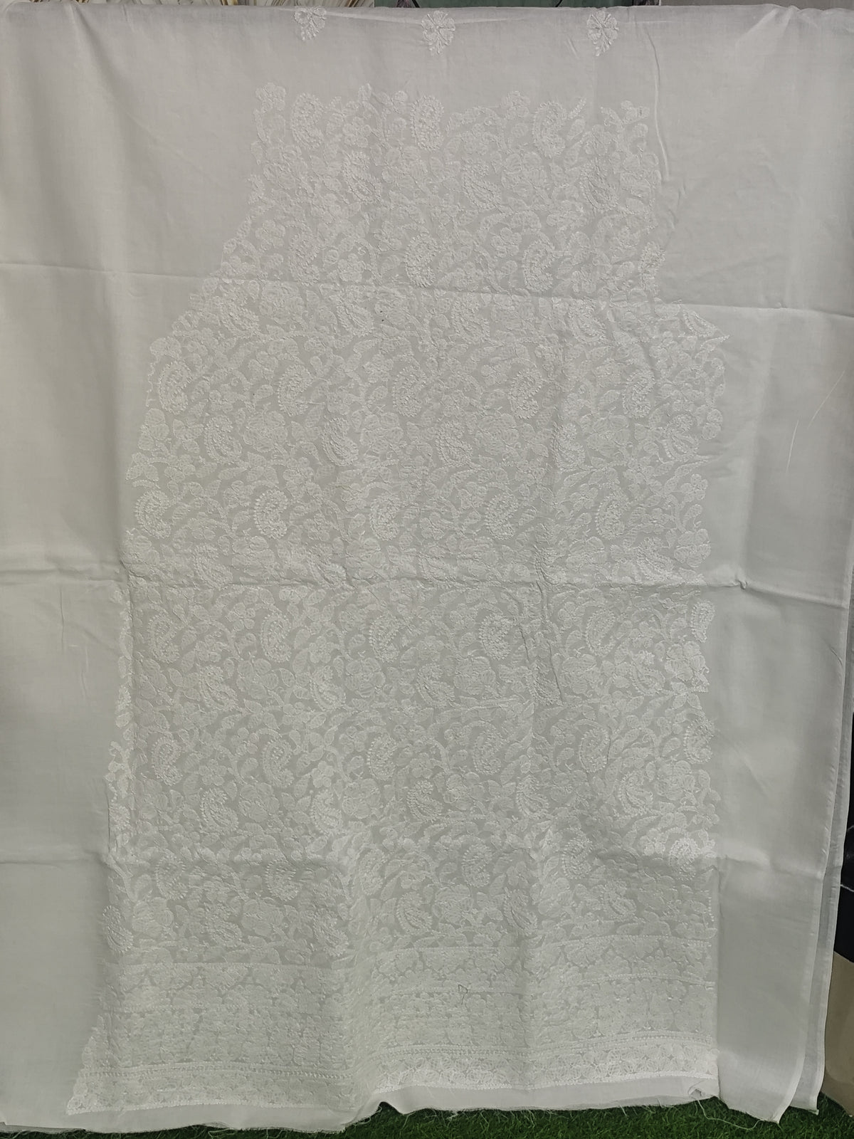 White-on-White Cotton Chikankari Hand-Embroidered Cotton Lucknowi Chikankari Unstitched Suit Piece