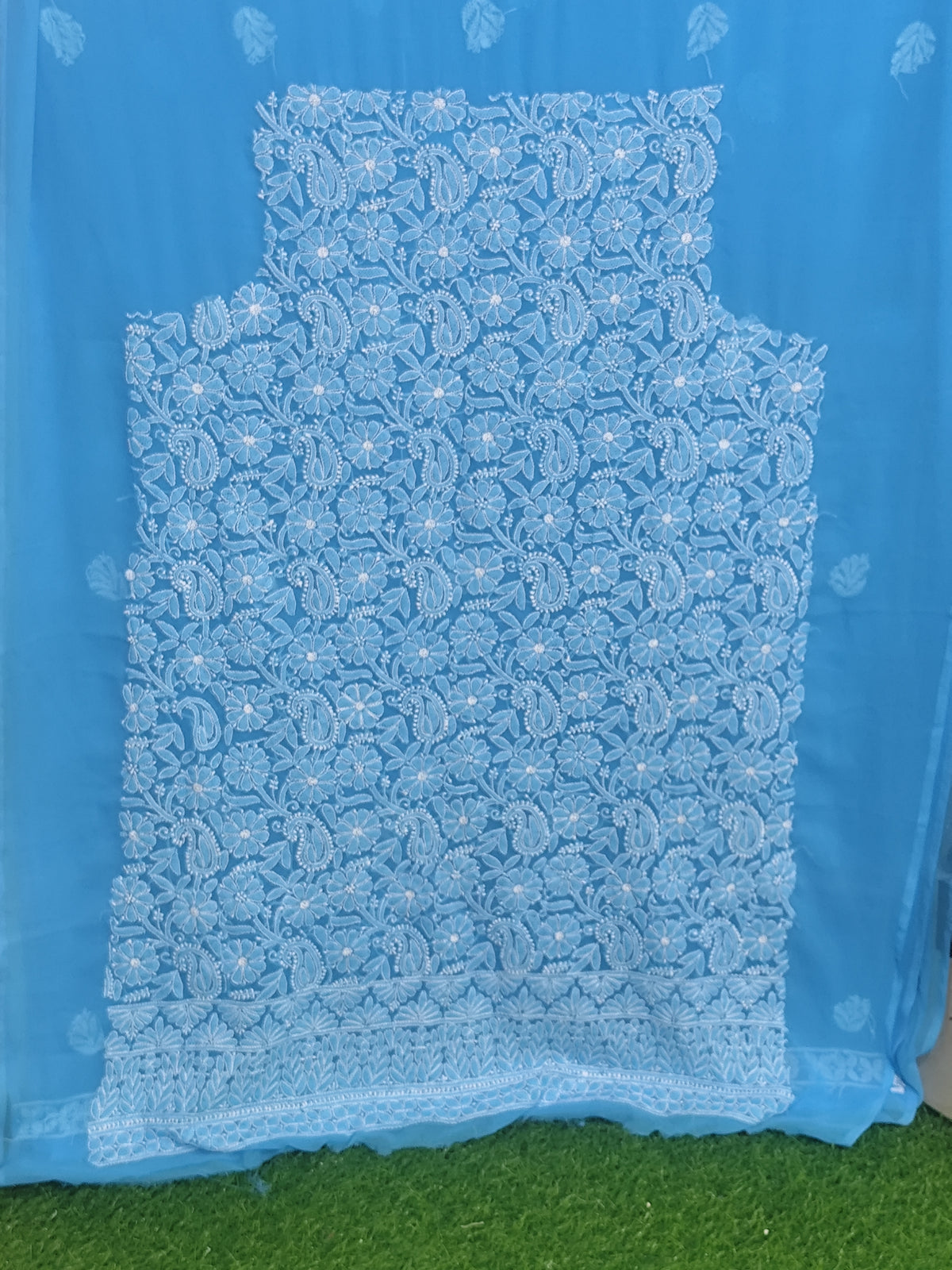 Sky Blue Lucknowi Chikankari Hand-Embroidered Georgette Unstitched Suit Material with Dupatta