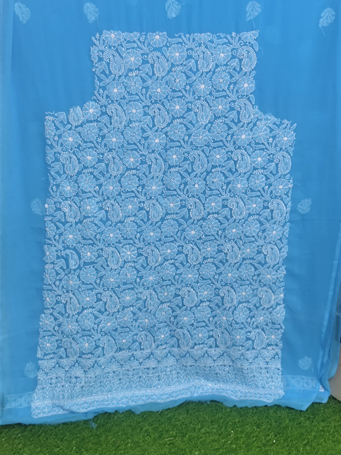 Sky Blue Lucknowi Chikankari Hand-Embroidered Georgette Unstitched Suit Material with Dupatta