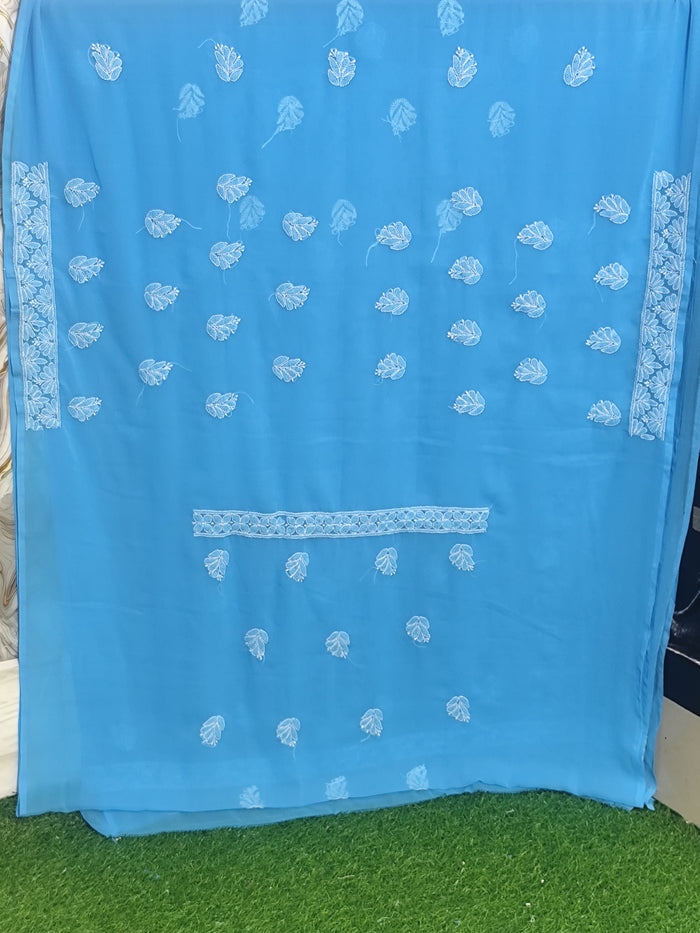 Sky Blue Lucknowi Chikankari Hand-Embroidered Georgette Unstitched Suit Material with Dupatta