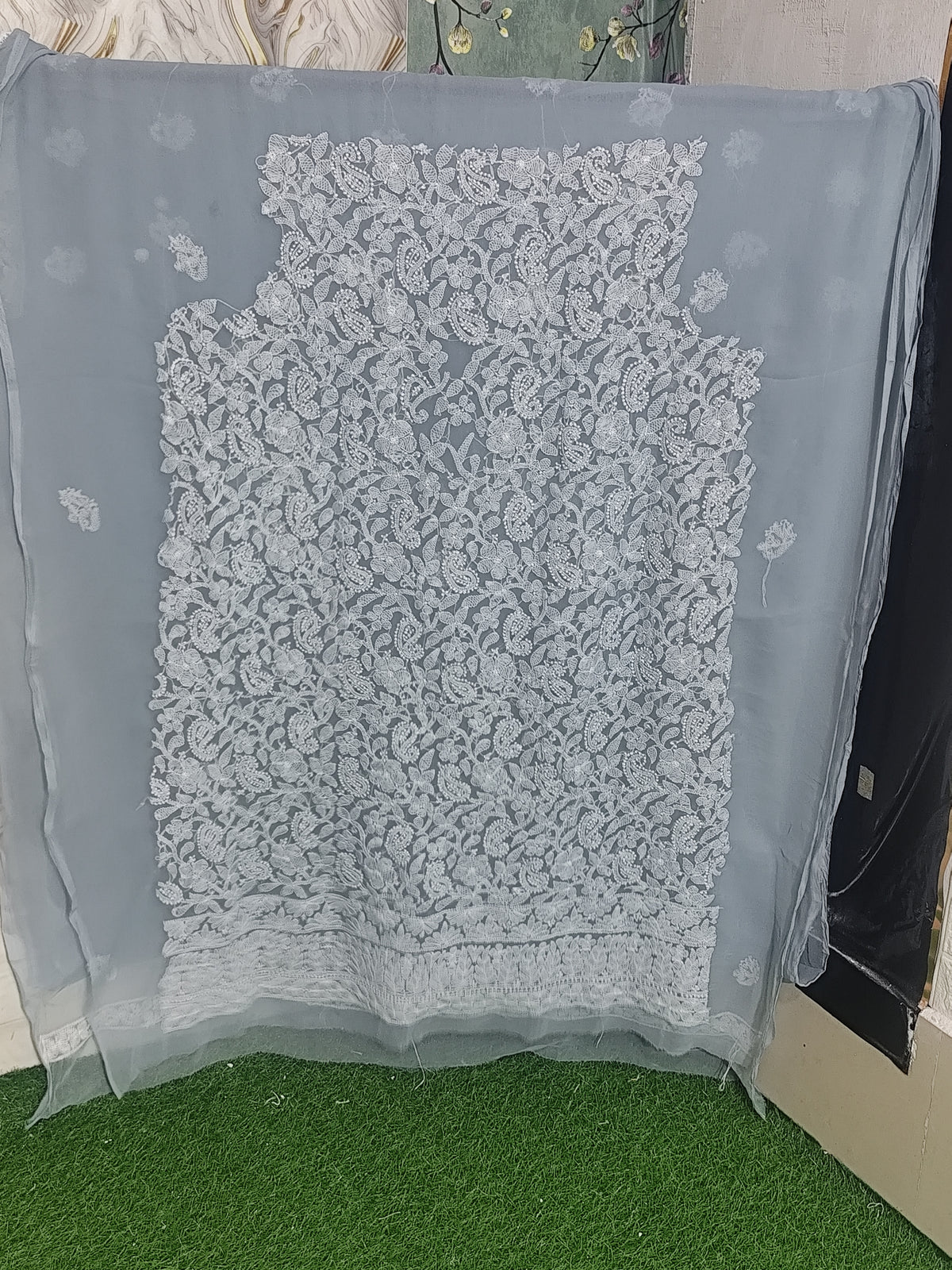 Ice Blue Lucknowi Chikankari Hand-Embroidered Georgette Unstitched Suit Material with Dupatta