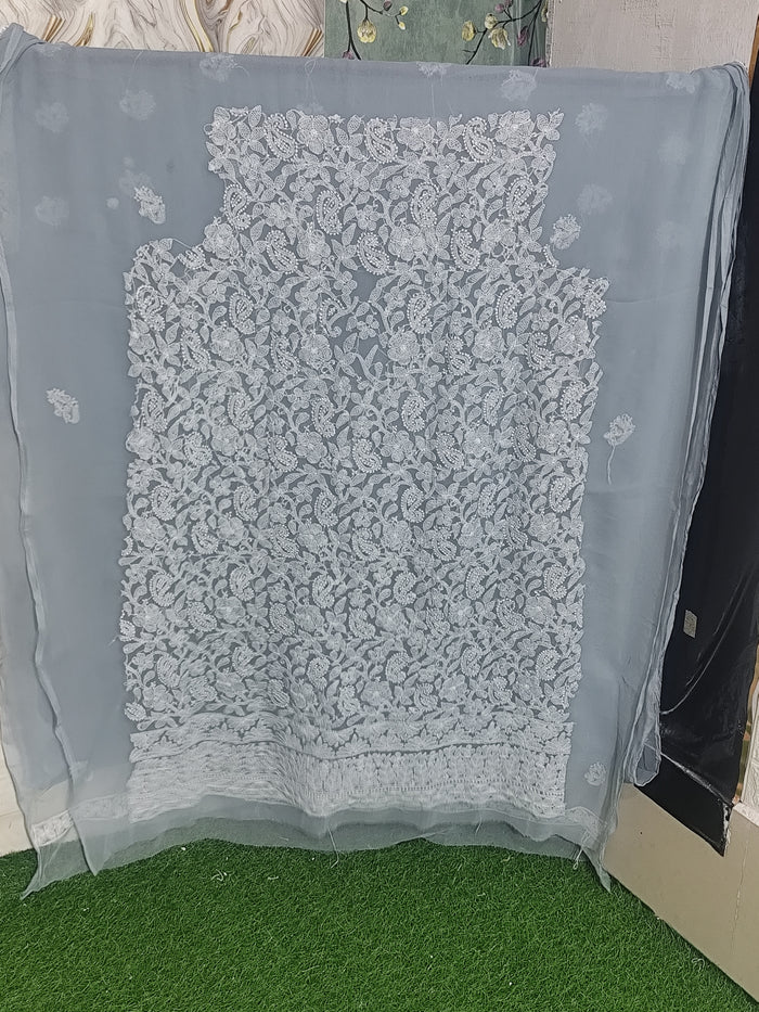 Ice Blue Lucknowi Chikankari Hand-Embroidered Georgette Unstitched Suit Material with Dupatta