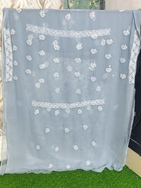 Ice Blue Lucknowi Chikankari Hand-Embroidered Georgette Unstitched Suit Material with Dupatta