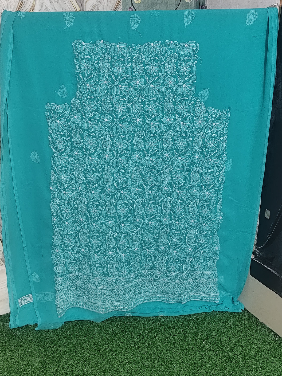 Teal Green / Sea Green Lucknowi Chikankari Hand-Embroidered Georgette Unstitched Suit Material with Dupatta