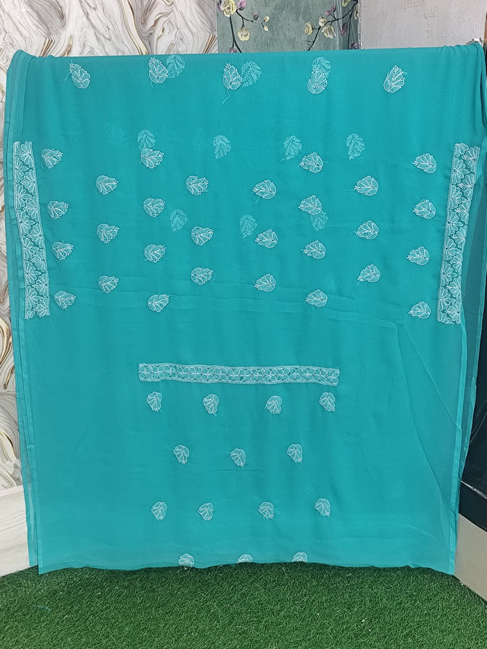 Teal Green / Sea Green Lucknowi Chikankari Hand-Embroidered Georgette Unstitched Suit Material with Dupatta
