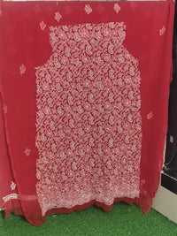 Ruby Red Lucknowi Chikankari Hand-Embroidered Georgette Unstitched Suit Material with Dupatta