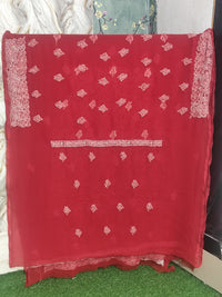 Ruby Red Lucknowi Chikankari Hand-Embroidered Georgette Unstitched Suit Material with Dupatta