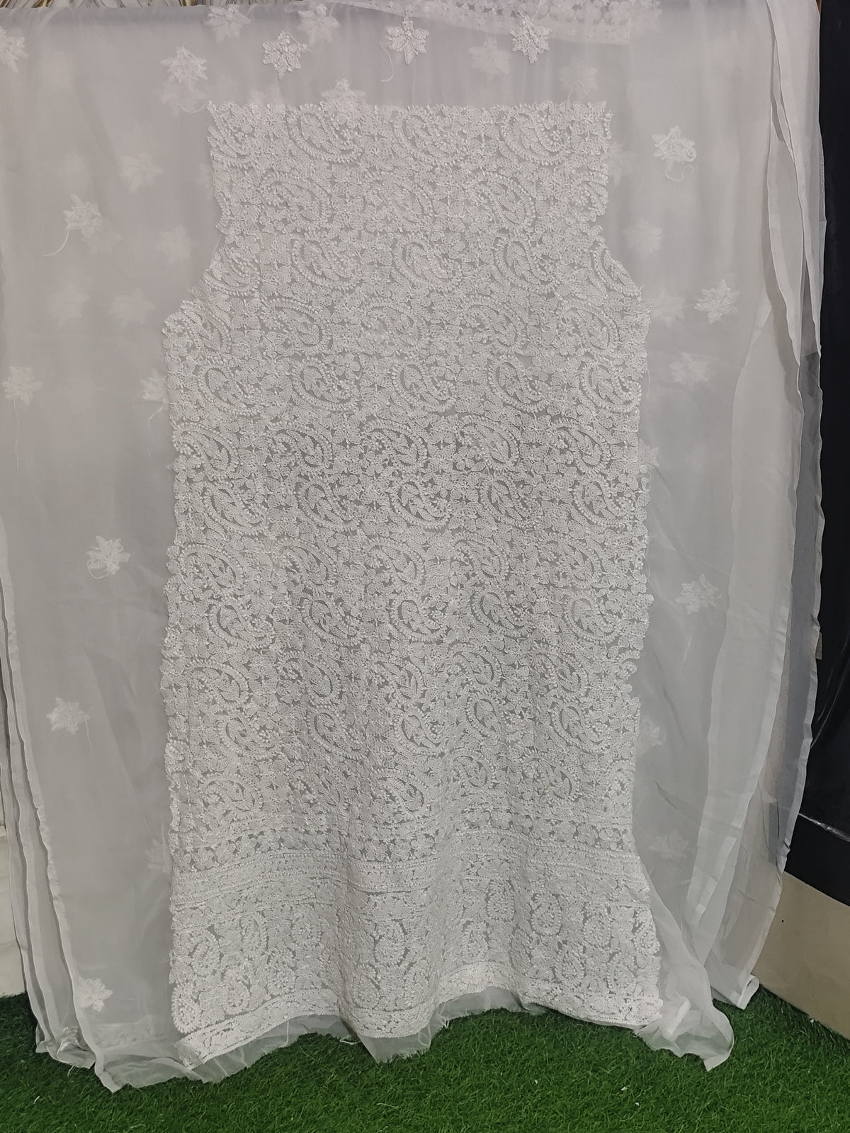 Pristine White Lucknowi Chikankari Hand-Embroidered Georgette Unstitched Suit Material with Dupatta