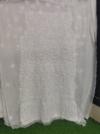Pristine White Lucknowi Chikankari Hand-Embroidered Georgette Unstitched Suit Material with Dupatta