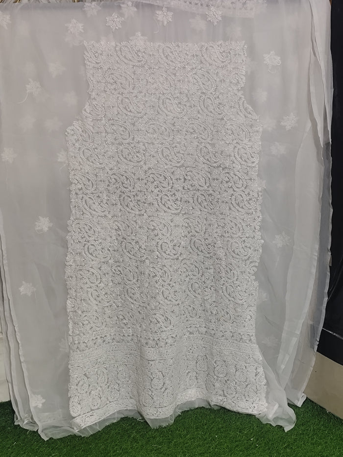 Pristine White Lucknowi Chikankari Hand-Embroidered Georgette Unstitched Suit Material with Dupatta