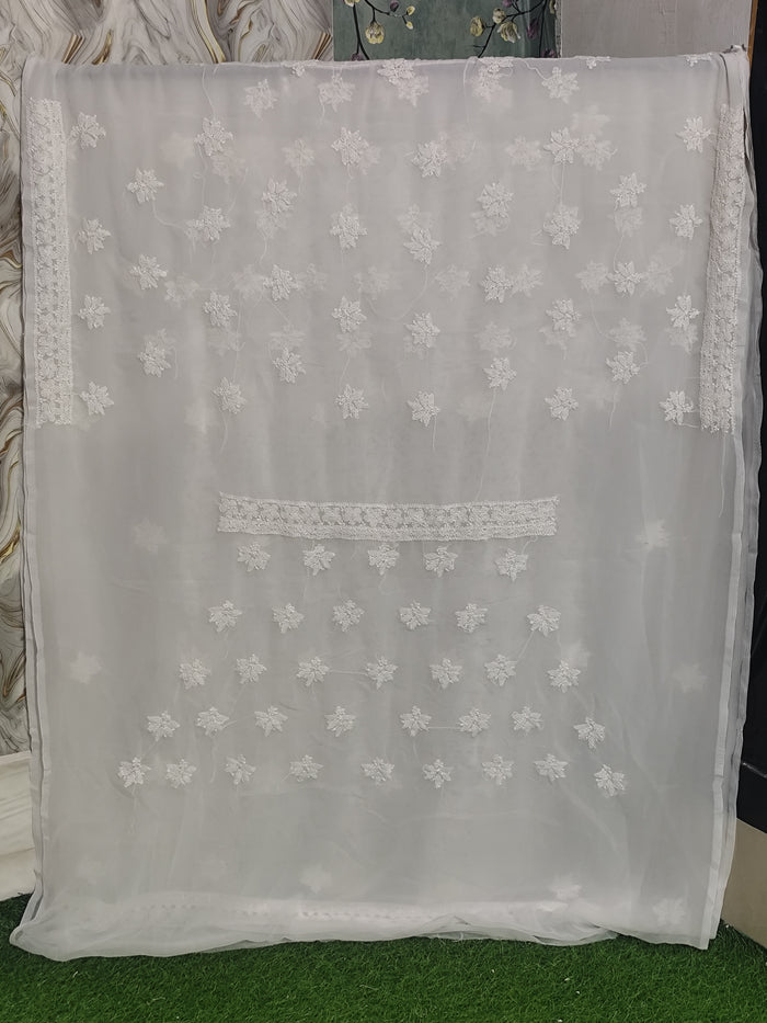Pristine White Lucknowi Chikankari Hand-Embroidered Georgette Unstitched Suit Material with Dupatta
