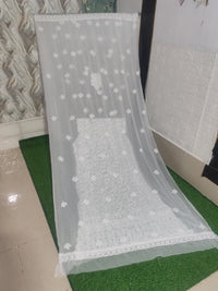 Pristine White Lucknowi Chikankari Hand-Embroidered Georgette Unstitched Suit Material with Dupatta