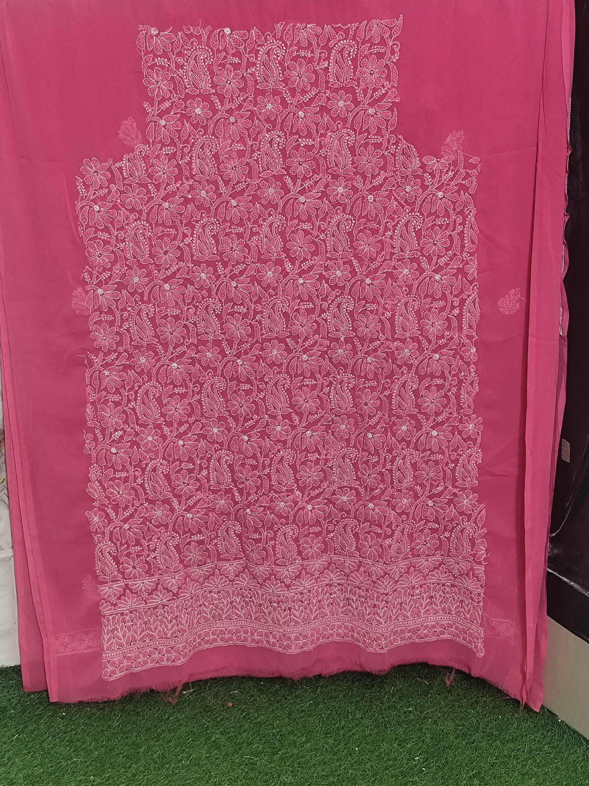 Rani Pink / Magenta Lucknowi Chikankari Hand-Embroidered Georgette Unstitched Suit Material with Dupatta