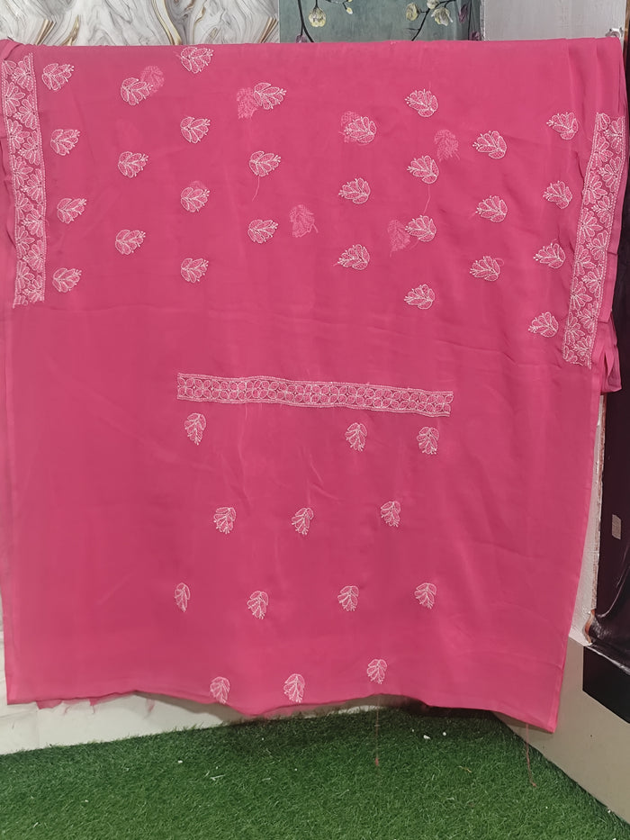 Rani Pink / Magenta Lucknowi Chikankari Hand-Embroidered Georgette Unstitched Suit Material with Dupatta