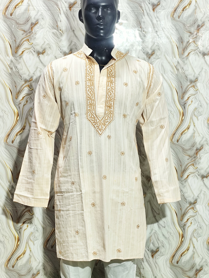 Hand-Embroidered Lucknowi Cotton Kurta for Men