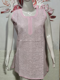 Women's Sleeveless Cotton Lucknowi Chikankari Short Kurti