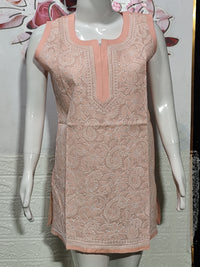 Women's Sleeveless Cotton Lucknowi Chikankari Short Kurti