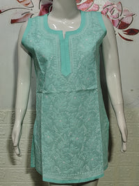 Women's Sleeveless Cotton Lucknowi Chikankari Short Kurti