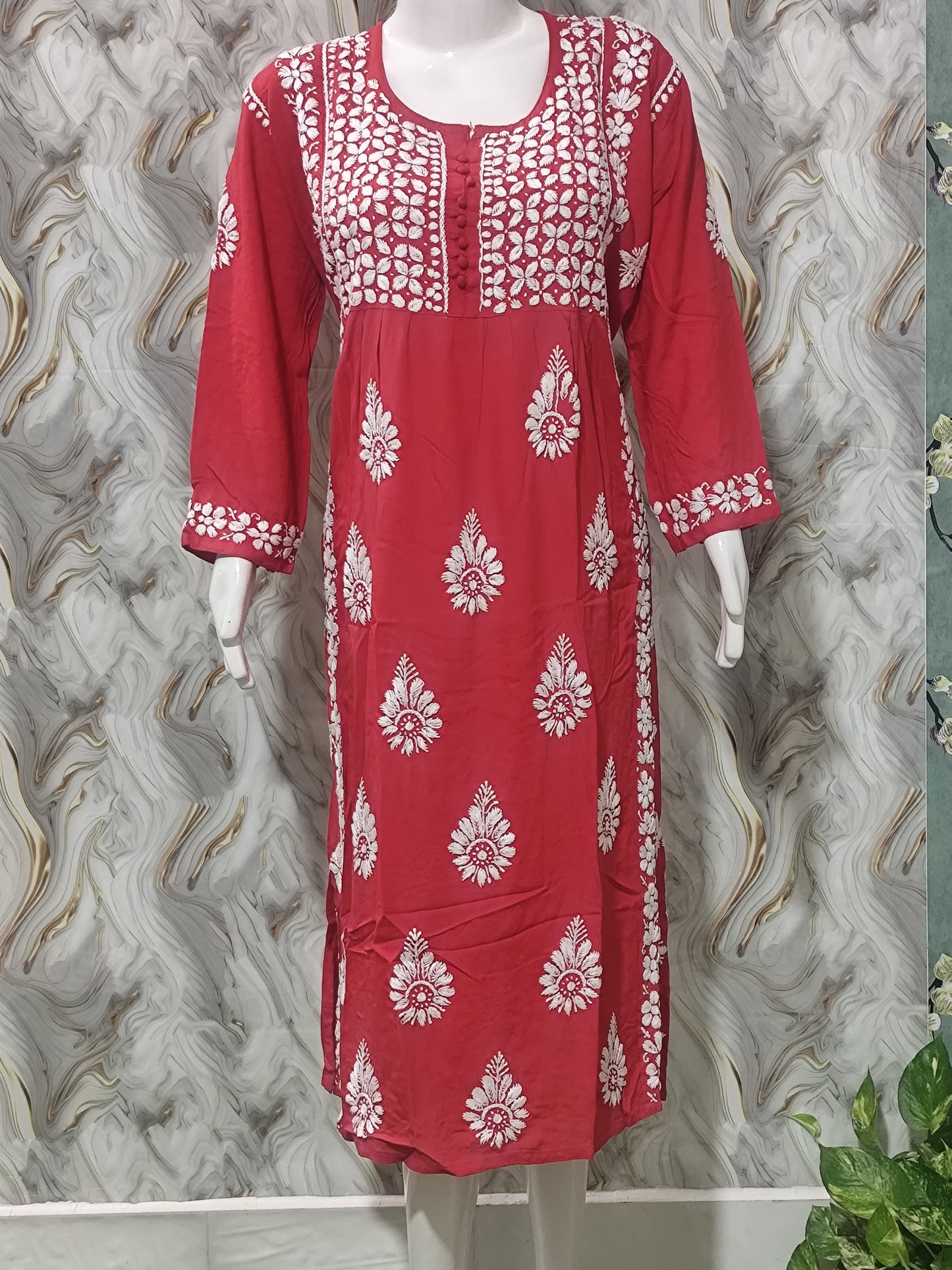 Designer Lucknowi Chikankari Nayra Cut Kurti for Women | Heavy Rayon Festive Ethnic Dress