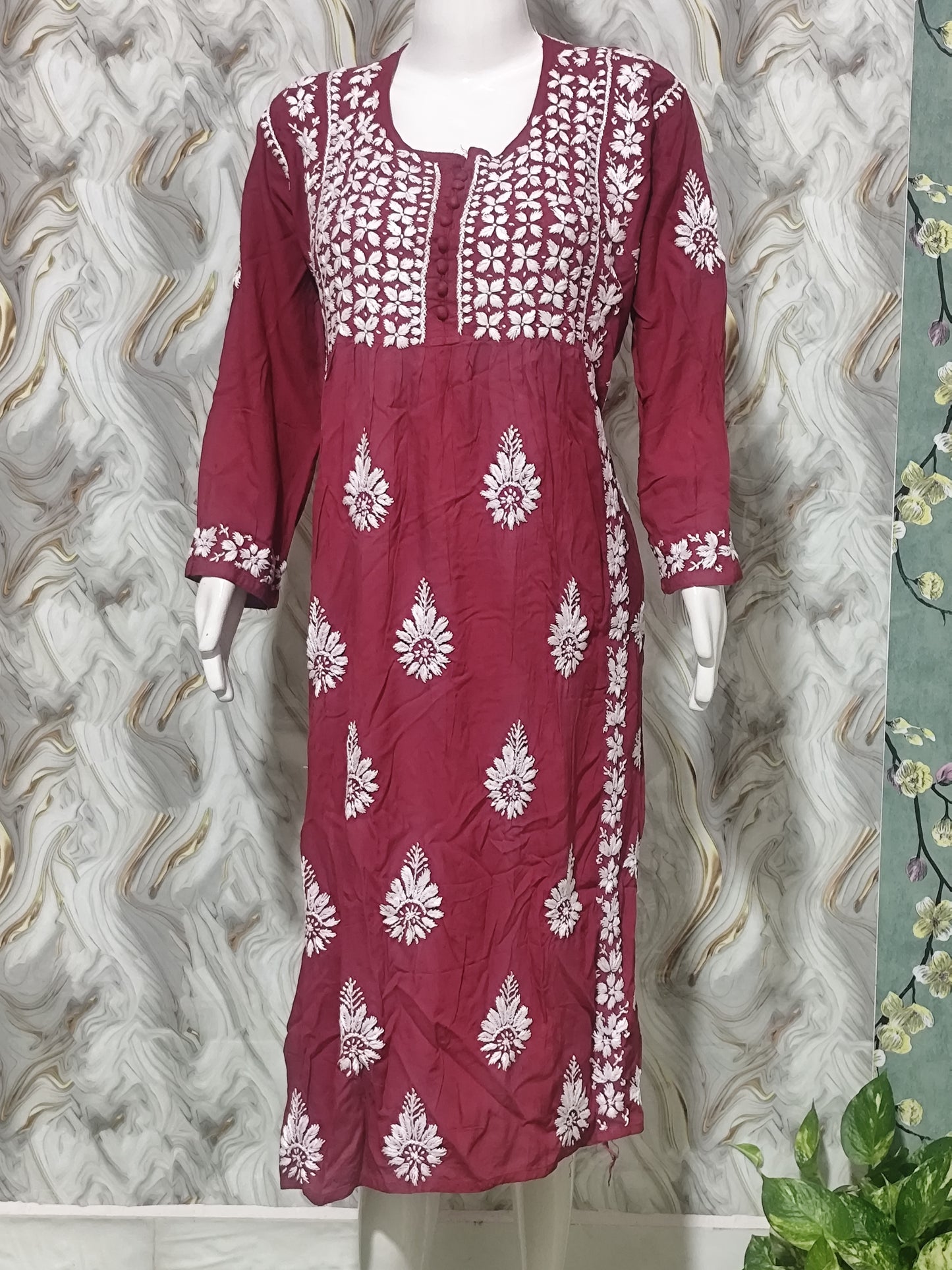 Designer Lucknowi Chikankari Nayra Cut Kurti for Women | Heavy Rayon Festive Ethnic Dress