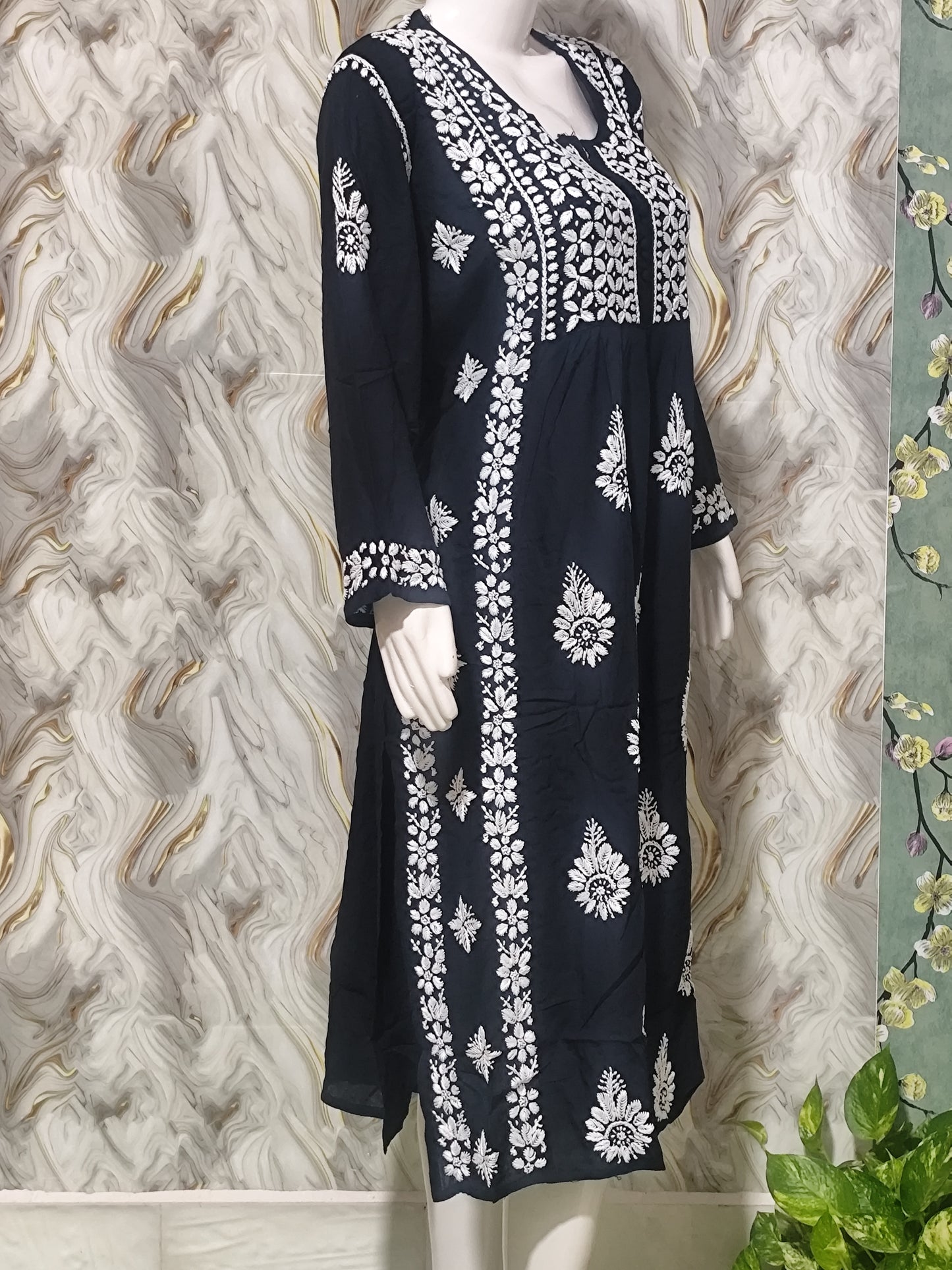 Designer Lucknowi Chikankari Nayra Cut Kurti for Women | Heavy Rayon Festive Ethnic Dress