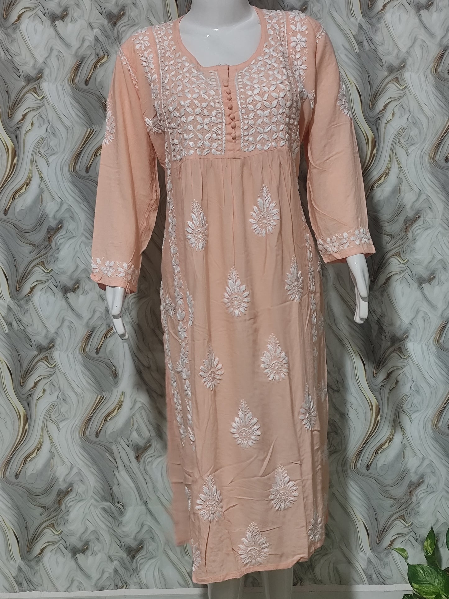 Designer Lucknowi Chikankari Nayra Cut Kurti for Women | Heavy Rayon Festive Ethnic Dress