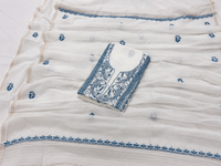 Pristine White Mul Chanderi Suit Piece with Indigo Fish &amp; Floral Embroidery