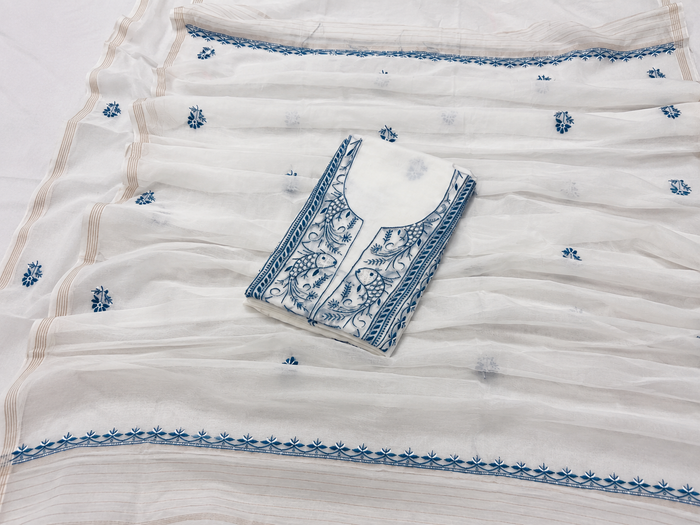 Pristine White Mul Chanderi Suit Piece with Indigo Fish &amp; Floral Embroidery