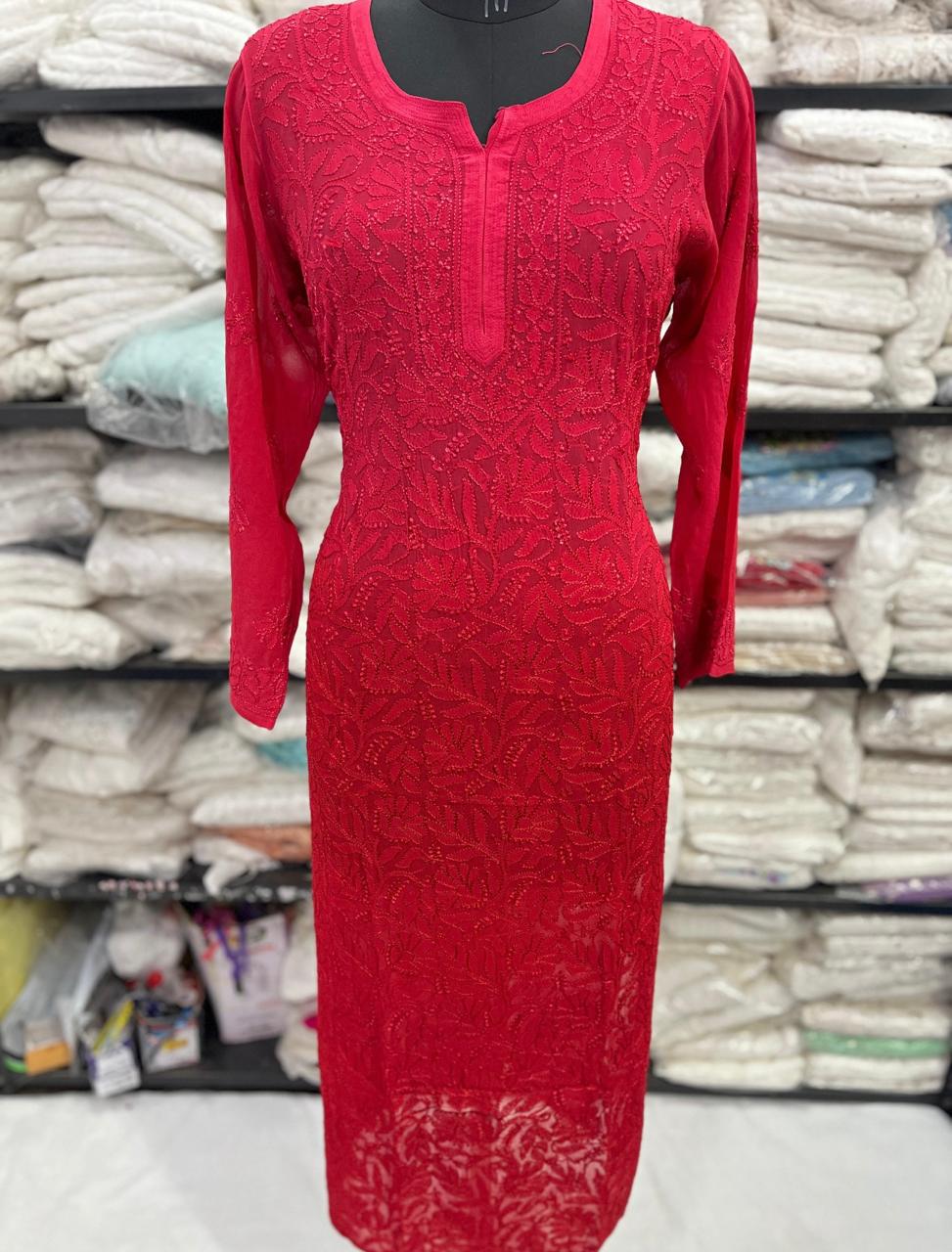 Crimson Red Viscose Georgette Resham Embroidered Kurti