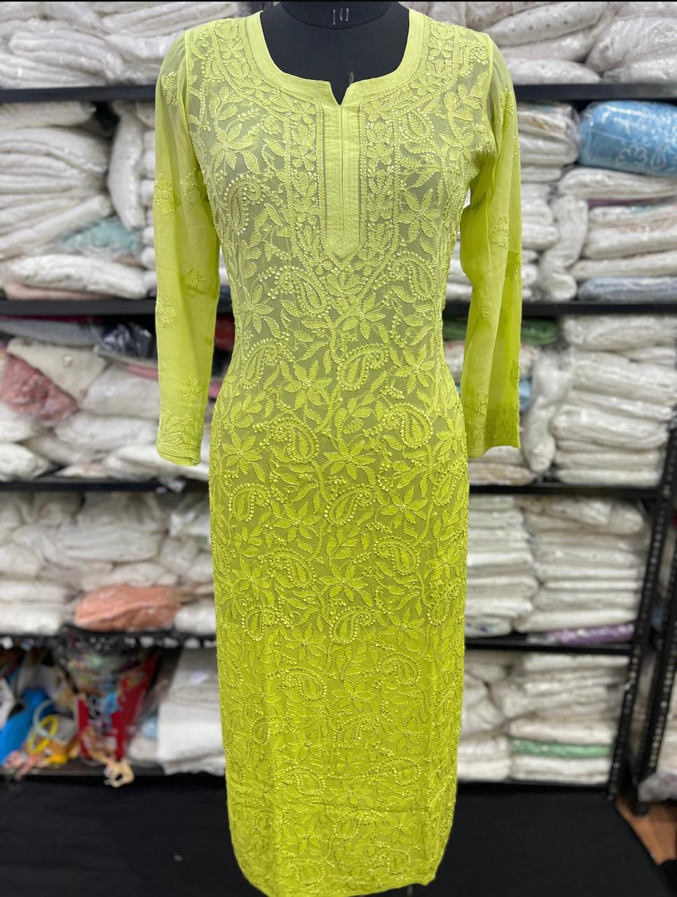 Elegant Lucknowi Chikankari Viscose Kurti in a vibrant lime green