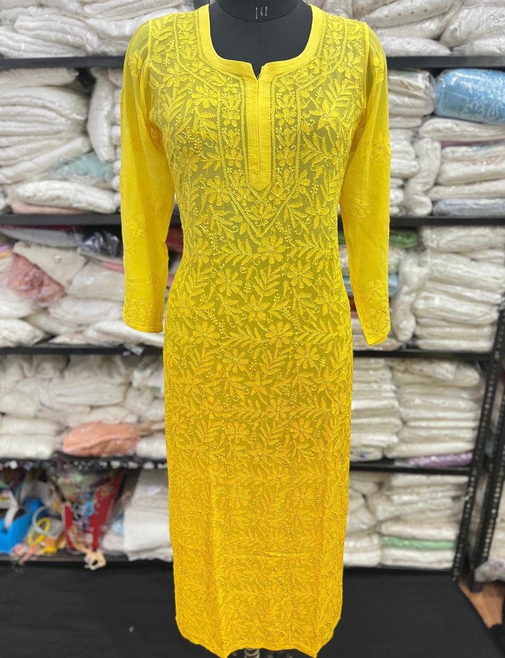 Lucknowi Chikankari Viscose Kurti in a striking sunshine yellow shade