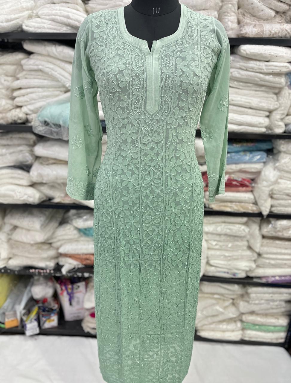 Elegant Lucknowi Chikankari Viscose Kurti in a soft sage green (mint green)