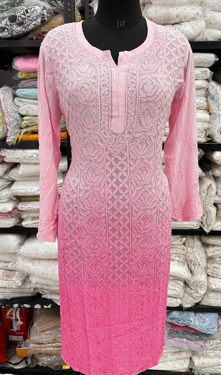 Charming Lucknowi Chikankari Viscose Kurti featuring a beautiful ombre / dual-tone gradient transition soft baby pink Kurti
