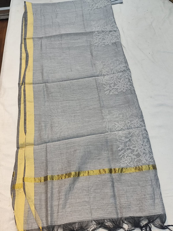 Grey Chanderi Chikankari Dupatta | White Hand Embroidery | Lucknowi Ethnic Wear