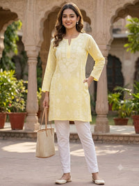 Chikankari Pastel Yellow Cotton Short Kurti