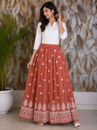 Chikankari Skirts Ghass patti Work - Brick Red