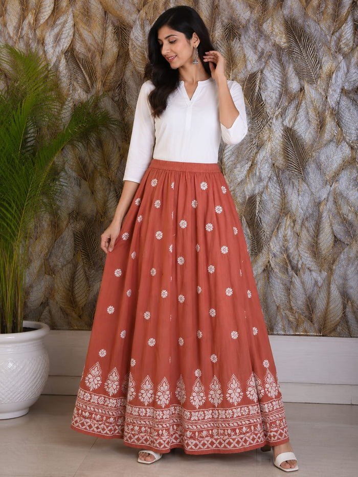 Chikankari Skirts Ghass patti Work - Brick Red