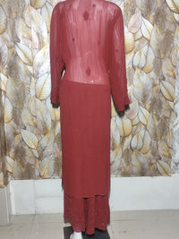 Chikankari Viscous Kurta Set- Brick Red with Mukesh