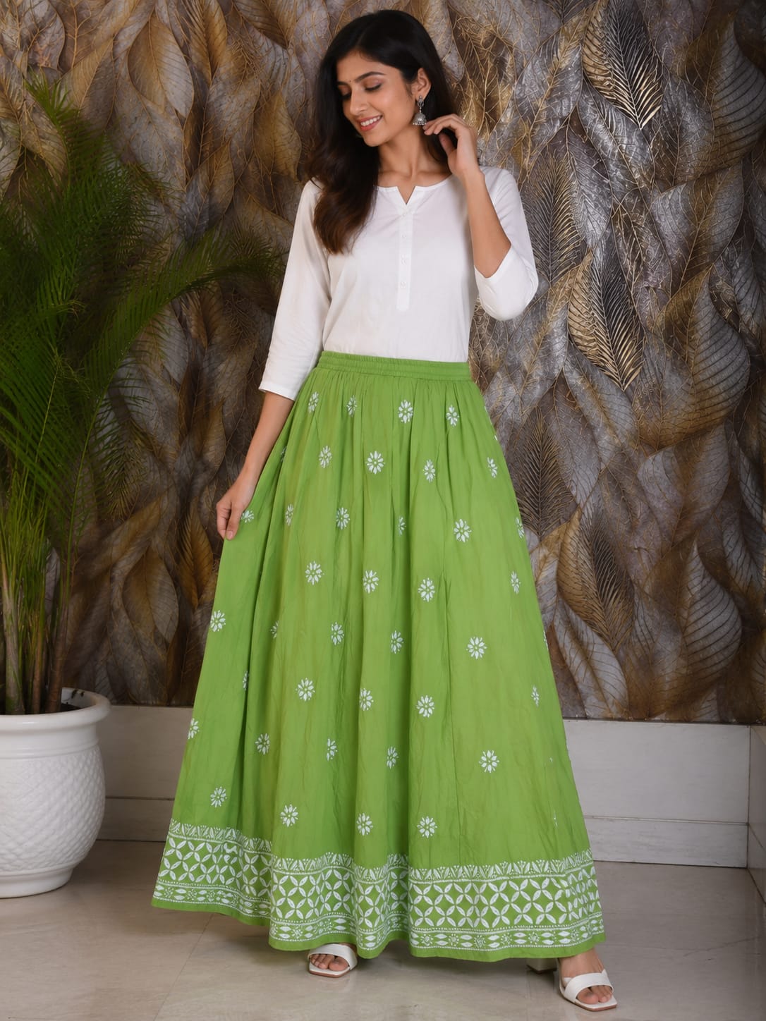 Chikankari Skirt with Ghaspatti Embrodiery - Green