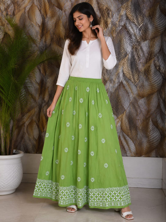 Chikankari Skirt with Ghaspatti Embrodiery - Green