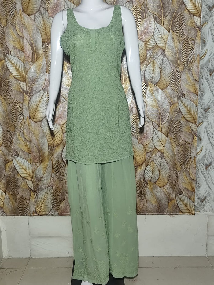 Classic Sage Green / Light Olive Viscose Chikankari Set.
