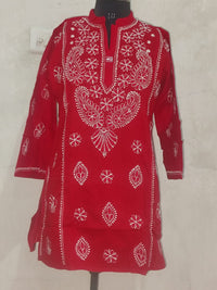 Chikankari Red Cotton Short Kurti with  Chinese collar