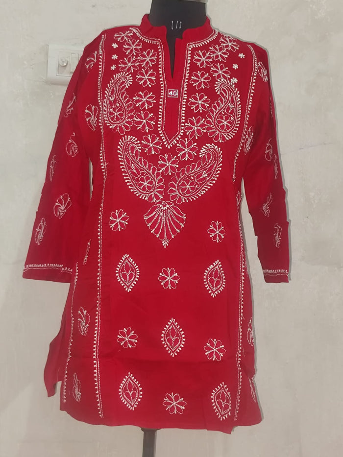 Chikankari Red Cotton Short Kurti with  Chinese collar