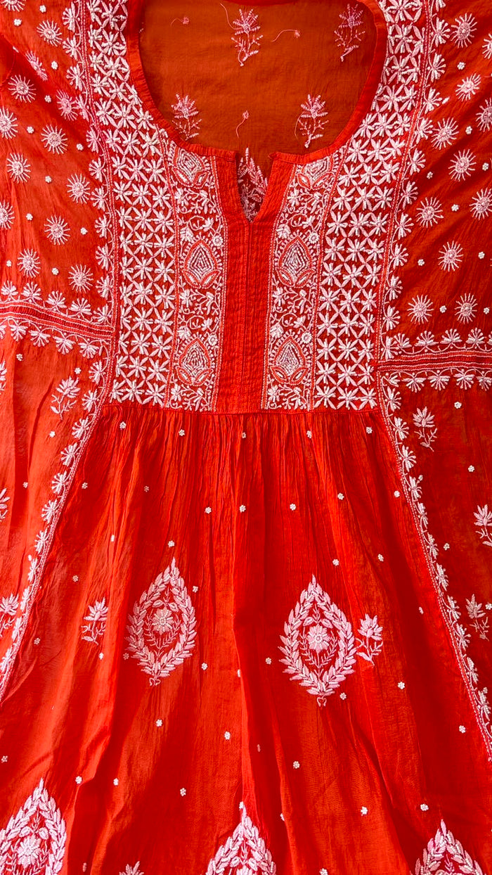 Orange Mul Chanderi Embroidered Suit Set