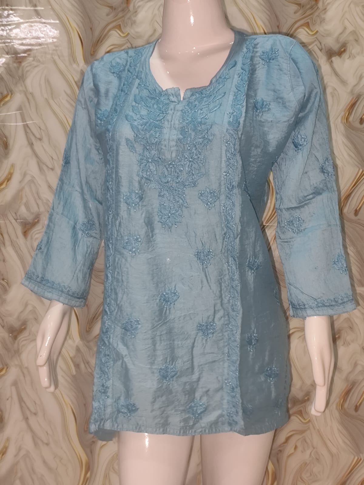 Sky Blue Hand-Embroidered Chanderi Short Kurti