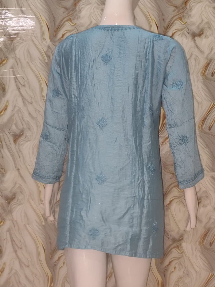 Sky Blue Hand-Embroidered Chanderi Short Kurti